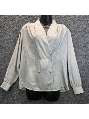 SK & Company Silky Double Breasted Blouse 8 White Office Librarian Preppy Twee
